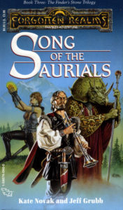 The cover of Song of the Saurials. The background is a scene of mountains and forests. On the left, Alias, a red-headed young woman, poses dramatically and holds the glowing yellow Finder's Stone above her head. In the centre is Finder, a greying older man looking proud and holding an ornate horn instrument. On the right is Grypht, a large scaled humanoid with the head of a triceratops, wearing robes and holding a staff.