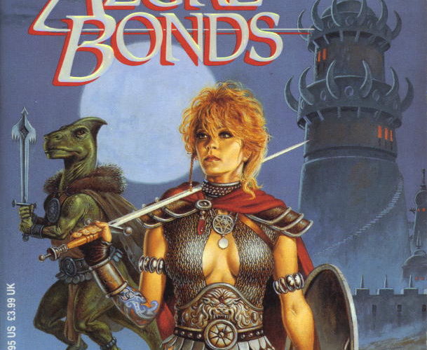 The cover of Azure Bonds. In the background, a tower covered in decorative barbs rises out of mist into a night sky with a giant moon. In the middle ground Dragonbait, a lizard-like humanoid, is posing with a bizarre-looking sword. In the foreground is Alias, a red-headed young woman wearing improbably revealing armor and resting a sword on her shoulder. She's staring off into the distance.