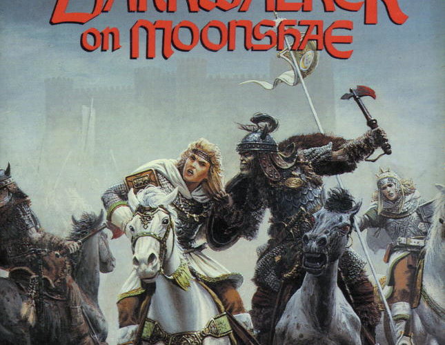 The cover of Darkwalker on Moonshae. On a muddy field, a gaunt, monstrous humanoid is riding a black horse next to a blonde elven woman riding a white horse. The monstrous rider is grabbing the elf woman's hair with one hand and brandishing a bloody axe at her with the other. In the background is another white-horsed elf and another black-horsed monster. A castle looms through some mist in the background.