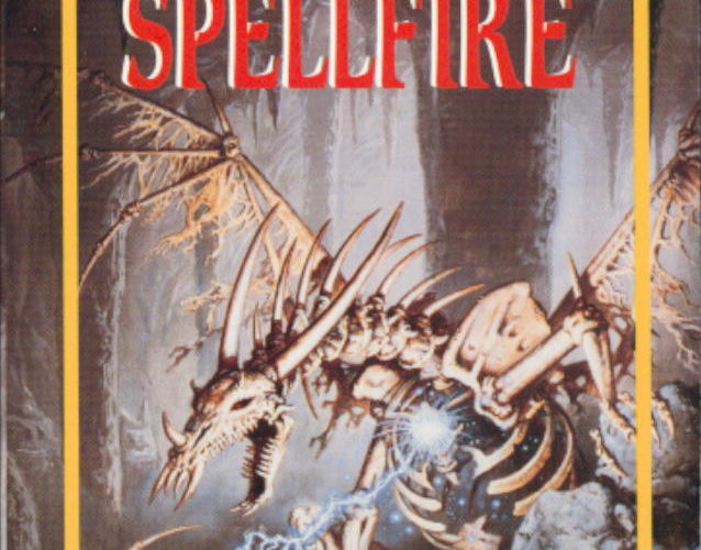 The cover of Spellfire. In a cavern, a young woman with long blonde hair is shooting a magical bolt at an angry skeletal dragon. Elminster and a couple of the Knights of Myth Drannor look alarmed in the foreground.