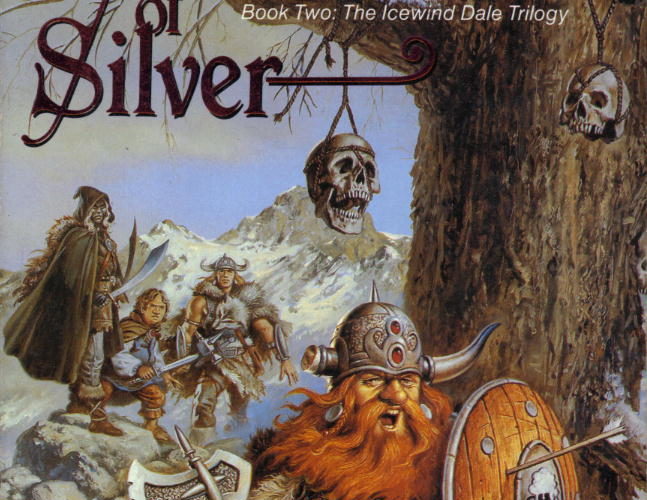 The cover of Streams of Silver. Many skulls are suspended by ropes from the branches of a tree. At the base of the tree is Bruenor, an angry dwarf wearing a horned helmet with one horn broken off. He's carrying a shield with an arrow stuck through it and wielding an axe. On the snowy landscape behind him stand Drizzt, a cloaked dark elf wielding two scimitars; Regis, a plump halfling wielding a dagger, and Wulfgar, a muscular barbarian holding a hammer.