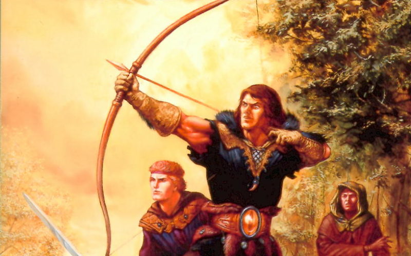The cover of Shadowdale. Four figures pose dramatically around an outcropping in a forest: a muscular warrior with a bow, a blank-faced young man with a sword, a crouching woman wielding a staff, and a hooded man behind them with a sword.