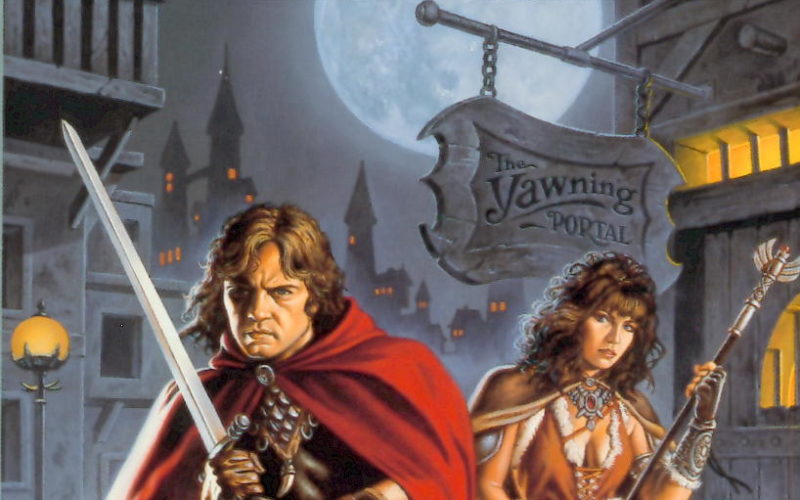 The cover of Waterdeep. In the background is the city of Waterdeep at night, with the moon in the sky behind the signboard of the Yawning Portal tavern. In the foreground are Midnight, a black-haired young woman in an improbably revealing outfit and carrying a staff, and Kelemvor, a warrior in a red cape wielding a sword in both hands. Both are facing the viewer.