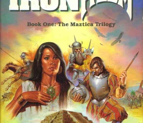 The cover of Ironhelm. In the foreground is a stepped Aztec-style pyramid in a forest. Above it float a series of disconnected images: a black-haired young woman wearing a glowing amulet, a dashing young conquistador with poofy pantaloons and a spear, an armored dwarf, and a mounted horseman.
