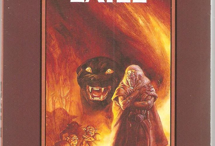 The cover of Exile. In the background is the giant floating head of Guenhwyvar, a giant panther, with an expression that could be either menacing or laughing while stoned. In the foreground is Drizzt, a white-haired dark elf, looking dramatic while fire flares around him and a couple of goblins look on, terrified.