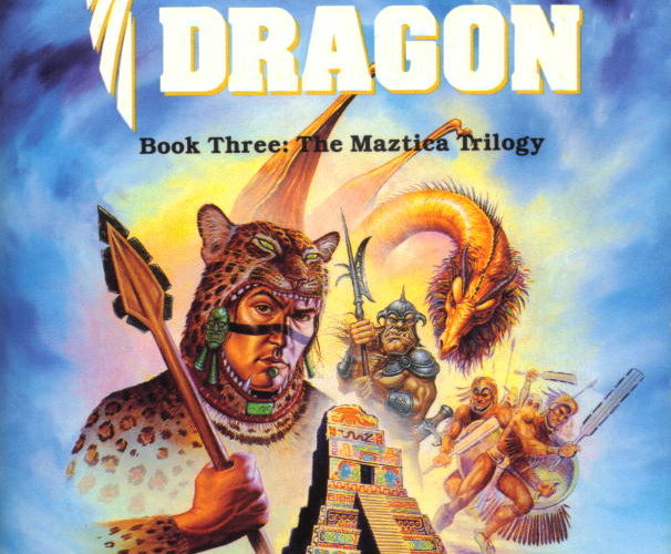 The cover of Feathered Dragon. In the foreground is a colourful pyramid standing in a flat desert. In the blue sky above it are various disconnected images: a man wearing a jaguar hood and face paint and carrying a spear, a metal-armored orc, a dragon, and some random Maztican warriors.