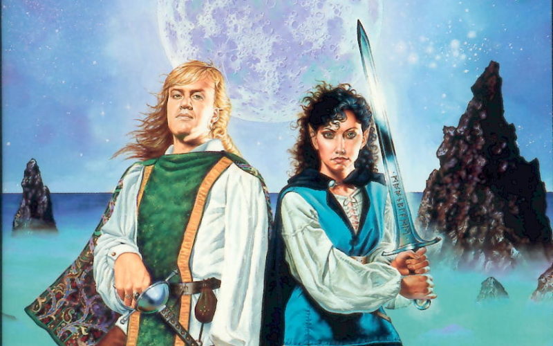 The cover of Elfshadow. On a rocky outcropping, a graceful black-haired woman wielding a sword stands next to a tall blond man who looks like a chubby football player. A giant moon fills the sky behind them.