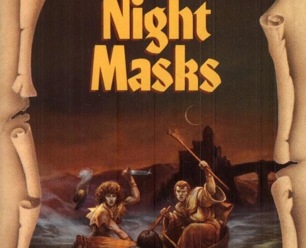 The cover of Night Masks. A young woman and a young man are in a rowboat, and a zombie is rising out of the water to attack them. The young woman brandishes a knife at it; the young man is waving a staff.