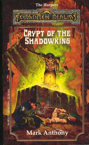 The cover of Crypt of the Shadowking. A gaunt humanoid monster is rising out of a glowing sarcophagus in the background. In the foreground, a woman lies prone and a man is blowing into some sort of device. I think it's supposed to be a musical instrument, but it looks more like he's taking a rip off a bong.