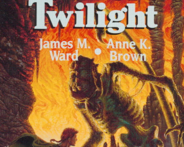 The cover of Pool of Twilight. A hammer-wielding young man faces off against a gaunt scorpion-tailed monster in a glowing cavern.
