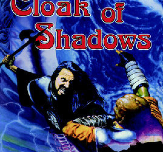 The cover of Cloak of Shadows. Swirling blue stuff obscures most of the image, but we can make out Khelben Arunsun wielding a black staff against a flailing humanoid figure.