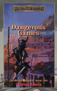 The cover of Dangerous Games. An armored barbarian holding a staff stands on a perch above a fantasy city, looking over the urban vista.