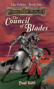 The cover of Council of Blades. A plate-armoured horseman wields a sword as his horse rears. Frankly, I can't see how the horse can even move, since it's encased in a giant skirt of plate armour that must weigh a ton. Next to the horse, a soldier in a red uniform points at something off-screen. The composition is clumsy, and it's all set against a threatening red sky.