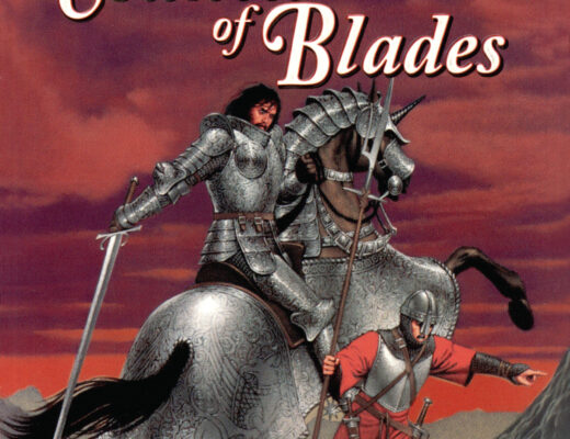 The cover of Council of Blades. A plate-armoured horseman wields a sword as his horse rears. Frankly, I can't see how the horse can even move, since it's encased in a giant skirt of plate armour that must weigh a ton. Next to the horse, a soldier in a red uniform points at something off-screen. The composition is clumsy, and it's all set against a threatening red sky.