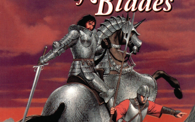 The cover of Council of Blades. A plate-armoured horseman wields a sword as his horse rears. Frankly, I can't see how the horse can even move, since it's encased in a giant skirt of plate armour that must weigh a ton. Next to the horse, a soldier in a red uniform points at something off-screen. The composition is clumsy, and it's all set against a threatening red sky.