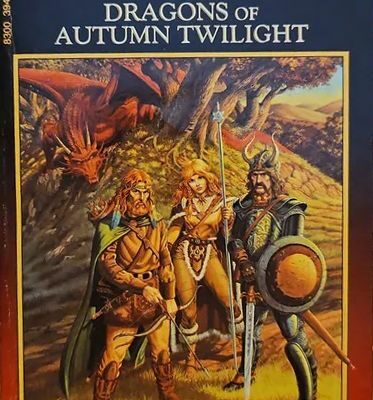 The cover of Dragons of Autumn Twilight. A cloaked, bearded half-elf, a blond woman carrying a staff, and an armored knight with an awesome moustache stand in front of a hill. A red dragon curls around the hill behind them. Everything is in shades of red and gold.