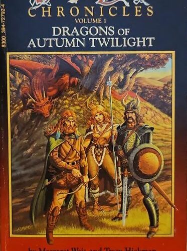 The cover of Dragons of Autumn Twilight. A cloaked, bearded half-elf, a blond woman carrying a staff, and an armored knight with an awesome moustache stand in front of a hill. A red dragon curls around the hill behind them. Everything is in shades of red and gold.