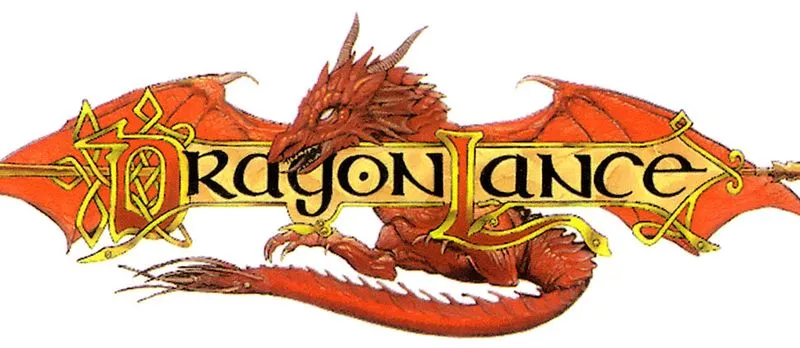 Second version of the Dragonlance logo. The background is an oddly contorted red dragon; the foreground is the word "Dragonlance" in front of a lance.