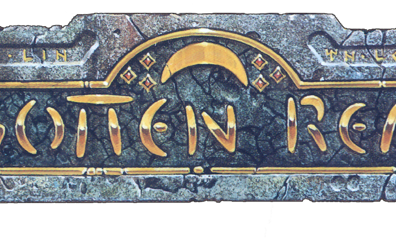 The original Forgotten Realms logo. The words "Forgotten Realms" are etched in metal upon a piece of stone, with a moon-and-stars motif above them.