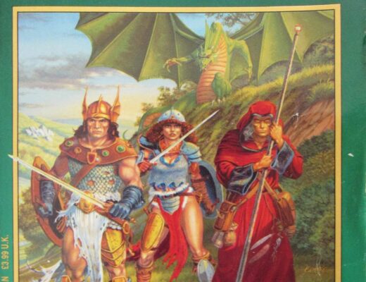 The cover of Dragons of Spring Dawning. Three figures stand in front of a grassy hillside. The first is a beefy warrior wearing a silly winged helmet, a tattered tabard, and a set of mismatched armour. The second is a lady in a defensive stance with a sword. She has permed 1980s hair and is showing off an improbable amount of leg. The third is a bronze-skinned, white-haired man in red robes leaning on a staff. Behind them, a green dragon rears upon the hillside.