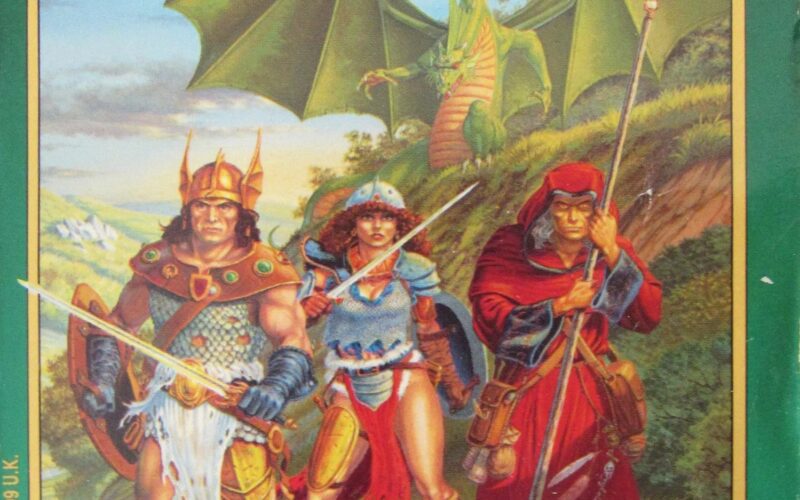 The cover of Dragons of Spring Dawning. Three figures stand in front of a grassy hillside. The first is a beefy warrior wearing a silly winged helmet, a tattered tabard, and a set of mismatched armour. The second is a lady in a defensive stance with a sword. She has permed 1980s hair and is showing off an improbable amount of leg. The third is a bronze-skinned, white-haired man in red robes leaning on a staff. Behind them, a green dragon rears upon the hillside.