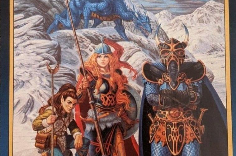 The cover of Dragons of Winter Night. Three figures stand in a snowy landscape. The first is a kender: short, ponytailed, and carrying a forked staff. The second is a blond-haired elven woman in armour, holding a long lance with a silver spearpoint. The third is a woman in scary-looking blue scale armour and a horned helmet standing in a power pose. Behind them, a blue dragon lurks in the snowy hills.