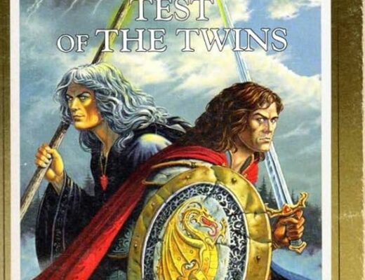 The cover of Test of the Twins. In front of an indistinctly cloudy background, two figures pose dramatically in a symmetrical composition. In the back, Raistlin, a mage with black robes and long white hair, holds a glowing staff. In the foreground, Caramon, a warrior with fancy plate mail and flowing brown hair, holds a sword and shield. They're both staring at the camera.
