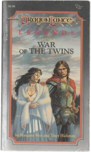 The cover of War of the Twins. Caramon, a warrior with tousled brown hair wearing elaborate full plate armor, has his hand on the shoulder of Crysania, a young woman with long black hair wearing white furred robes. He looks at her with concern; she seems distracted.