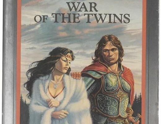 The cover of War of the Twins. Caramon, a warrior with tousled brown hair wearing elaborate full plate armor, has his hand on the shoulder of Crysania, a young woman with long black hair wearing white furred robes. He looks at her with concern; she seems distracted.