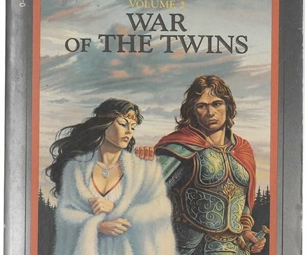 The cover of War of the Twins. Caramon, a warrior with tousled brown hair wearing elaborate full plate armor, has his hand on the shoulder of Crysania, a young woman with long black hair wearing white furred robes. He looks at her with concern; she seems distracted.